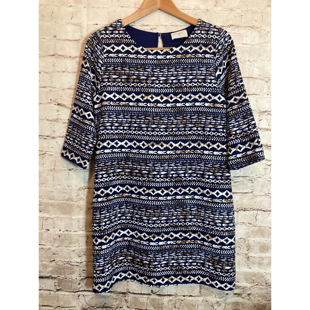Everly Dress Womens Small Navy Blue Aztec Printed‎ Shift Long Sleeve Career